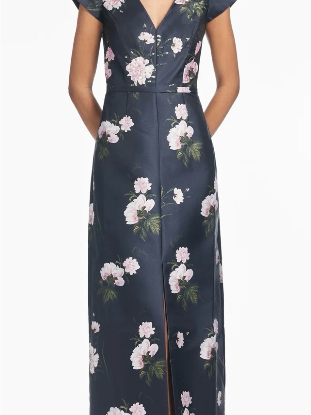 SACHI Della Gown  Dark Midnight Floral Gown with Pink Blossoms
